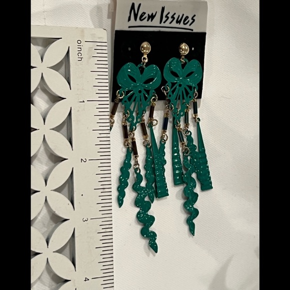 Vintage Teal Statement green Earrings - Retro Dangle "New Issues" Bold 80s Style - Picture 5 of 5